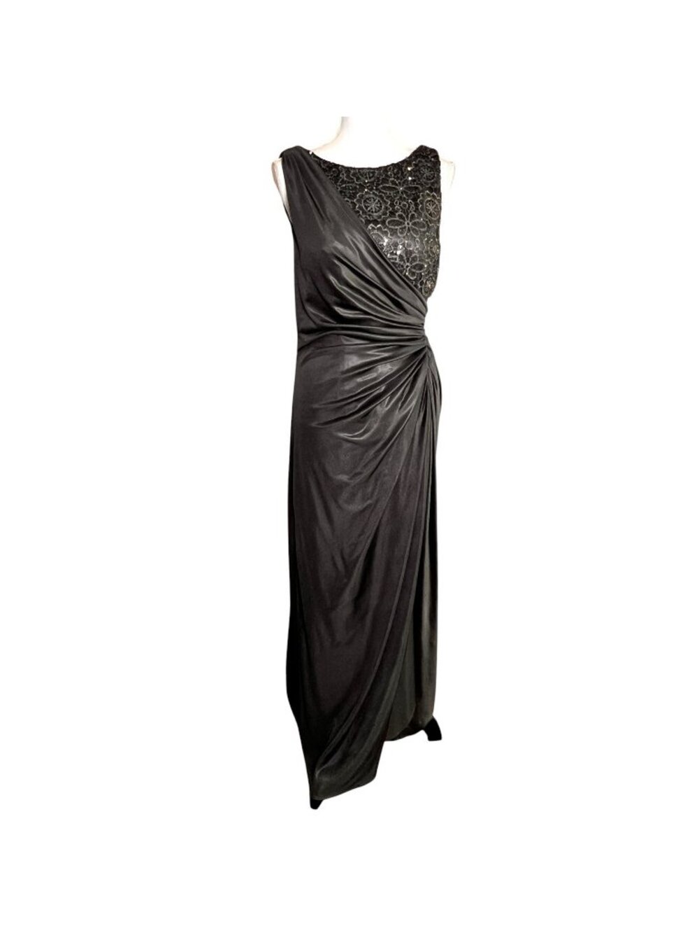 Adrianna Papell Charcoal Gray Glitter Lace MOB Gown Draped Dress S/M Petite